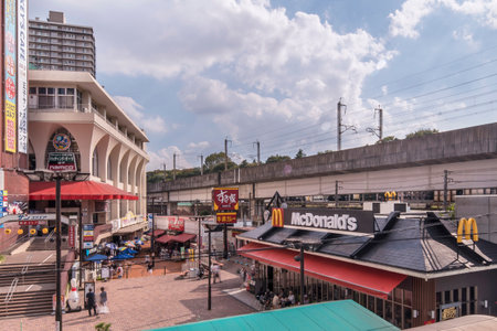 TOKYO, JAPAN - October 09 2018: Aerial view of the Shopping Mall of Oji Crossing Intersection in front of the JR Oji Railway Station in the Kita district of Tokyo in Japan.のeditorial素材