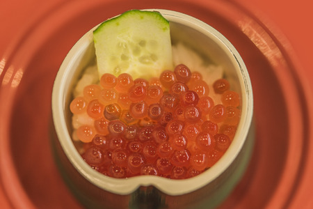Japanese salmon caviar known as ikura which derives from Russian word which means caviar or fish roe.の写真素材