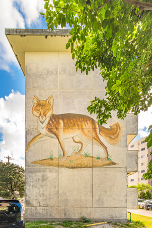 Chatan, Japan - September 17, 2018: An old housing complex in the vicinity of the American Village in Okinawa, where fox and other animals are painted.のeditorial素材