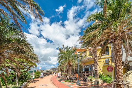 Chatan, Japan - September 17, 2018: Beach coast with Seaside Distortion trees, Oak fashion, Depot Island Seaside buildings and Vessel Hotel Campana in the vicinity of the American Village in Chatan City of Okinawa.のeditorial素材