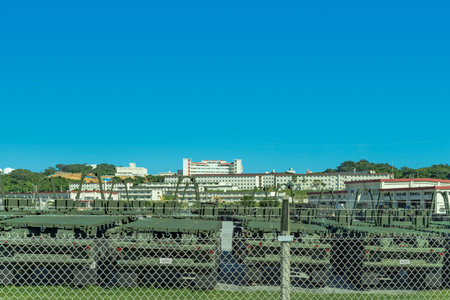 Motorized vehicles lined up at a US military base on the island of Okinawaのeditorial素材