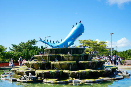 Okinawa, Japan - September 14, 2018: Monument to the fountain in the shape of a whaleのeditorial素材