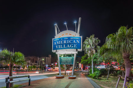 Naha, Japan - September 16, 2018: Night view of Mihama Town Resort Amusement Park in Naha City near Sunset Beach in Okinawa.のeditorial素材