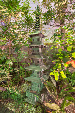 tokyo,japan - january 02 2020: Bronze replica of a five storied pagoda.のeditorial素材