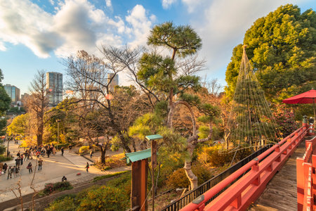 ueno, japan - january 02 2020: Japanese pine band with burlap binding it into a circle that evokes the moon in the Kiyomizu Kannon hall of Ueno Park, Tokyo, Japan.のeditorial素材