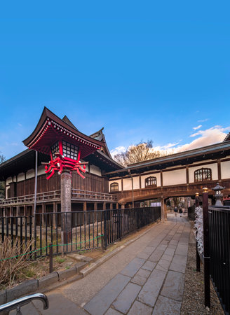 ueno, japan - january 02 2020: Wooden lantern and corridor with Katou windows in the form of a...