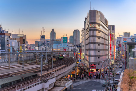 tokyo, japan - january 02 2020: High angle of Ueno Park Street overlooked by the Yamanote Line railways and leading to the sightseeing street of Ameyoko in Tokyo.のeditorial素材