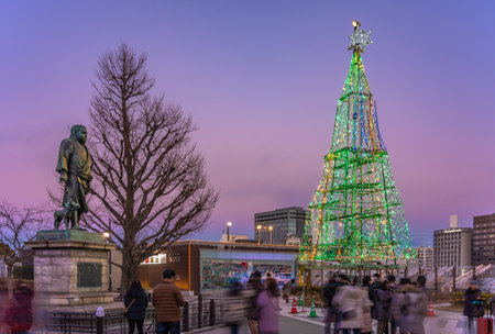ueno, japan - january 02 2020: Bronze statue of the Japanese historical figure the samurai Saigo Takamori accompanied by one of his dogs in the Ueno park illuminated with garlands for christmas at sunset.のeditorial素材
