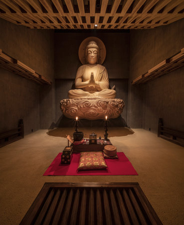 tokyo, japan - march 12 2020: Huge wooden statue of Levitating Daibutsu Buddha Shaka Nyorai created by sculptor Watanabe Seizan in Sengyoji temple of the Nichiren Buddhist sect in Ikebukuro district, Tokyo, Japan.のeditorial素材