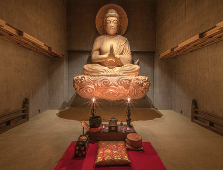 tokyo, japan - march 12 2020: Huge wooden statue of Levitating Daibutsu Buddha Shaka Nyorai created by sculptor Watanabe Seizan in Sengyoji temple of the Nichiren Buddhist sect in Ikebukuro district, Tokyo, Japan.のeditorial素材