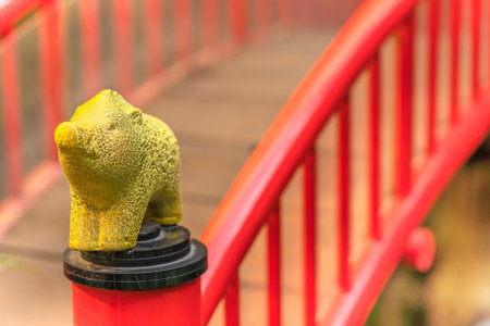 tokyo, japan - march 02 2020: A golden boar adorned on the balustrade of the Taikobashi bridge over the Shinji-in pond at Shinjo-in temple located  in Tokyo.のeditorial素材