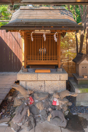 tokyo, japan - march 05 2020: Small massha shrine dedicated to Ukanomitama deity or inari kitsune god of rice in the Atago shrine on the highest mountain in Tokyo.のeditorial素材