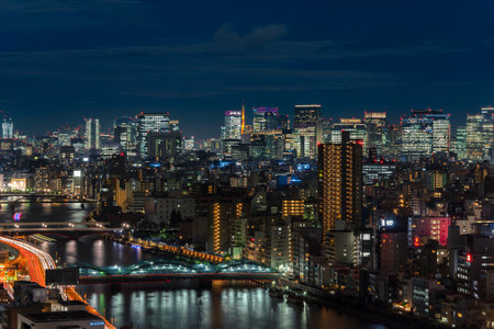 Aerial night panoramic view of the Sumida river bridges and higways light-up with the skyscrapers of Tokyo.のeditorial素材