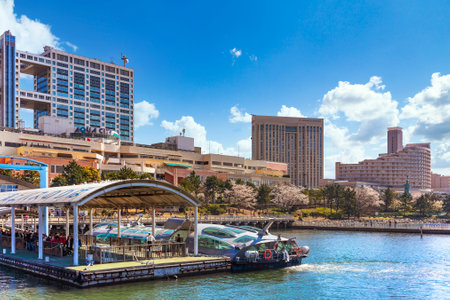 tokyo, japan - march 01 2020: Springtime view of the pontoon of TOKYO CRUISE Odaiba Seaside Park...