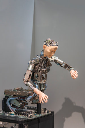 tokyo, japan - march 01 2020: Android called Alter with a human face covered by silicon skin but just a torso in the Miraikan or National Museum of Emerging Science and Innovation at Odaiba in Tokyo.のeditorial素材