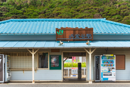 chiba, japan - july 18 2020: Local Hama-Kanaya railway train Station of Kanaya Village in Futtsu city along the Tokyo bay in the Chiba prefecture of japan with the mount Nokogiri in background.のeditorial素材