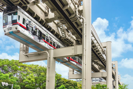 chiba, japan - july 08 2020: World's longest suspended monorail system of the two-line Chiba urban monorail hanging under large pillars in Japan.