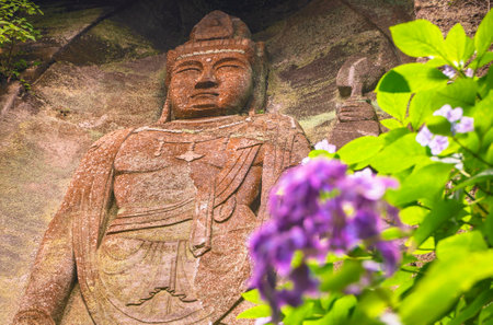 chiba, japan - july 18 2020: Close-up on the giant relief image of Japanese hyaku-shaku kannon buddha carved in Mount Nokogiri stone quarry and a purple hydrangeas flower.のeditorial素材