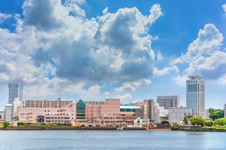 yokosuka, japan - july 19 2020: Seaside of the Yokosuka naval port with the Coaska Bayside Stores, the Tower Yokosuka Chuo and the Mercure Hotel Yokosuka in the Kanagawa prefecture of Miura Peninsula.のeditorial素材