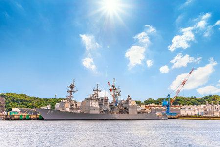 yokosuka, japan - july 19 2020: Wide angle view of the American USS Shiloh CG-67, a Ticonderoga-class guided missile cruiser of United States Navy berthed in the Japanese Yokosuka naval base.のeditorial素材
