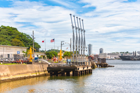 yokosuka, japan - july 19 2020: Pipelines of the Arai Canal Waterway Fuel terminal along the Azuma...