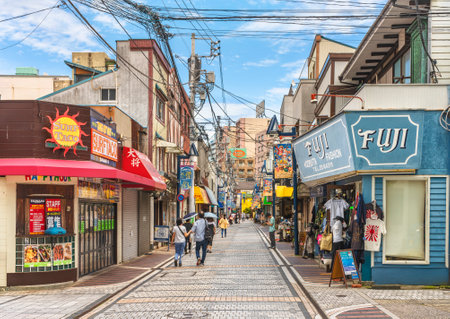 yokosuka, japan - july 19 2020: Entertainment district of Dobuita street called Dobuita-dori Shopping Street or Honmachi Shotenkai famous among the young sailors of the Yokosuka Naval Base.のeditorial素材