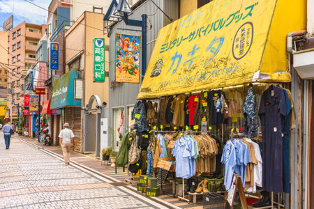 yokosuka, japan - july 19 2020: Dobuita entertainment district near Yokosuka naval base called Dobuita-dori shopping street famous for its sukajan souvenir jackets and military surplus shops.のeditorial素材