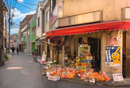 tokyo, japan - october 20 2020: Neighborhood grocery store with fruits and vegetables placed on the floor in the ShÅei-kai shopping street of Kanegafuchi along the Sumida river Seven Lucky Gods pilgrimage.のeditorial素材