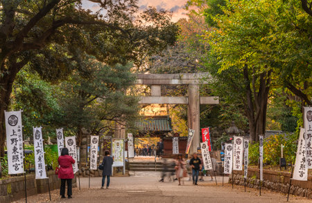 tokyo, japan - october 20 2020: Path decorated of japanese pennants with the coat of arms of Tokugawa Shoguns and leading to the stone torii gate of the Ueno TÅshÅ-gÅ« shrine dedicated to first Shogun.のeditorial素材