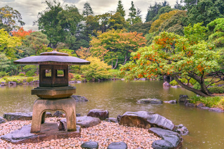 tokyo, japan - october 29 2020: Cat sheltering from the autumn rain under a Yukimi stone lantern at the edge of the pond of the Japanese garden designed by architect Ogawa Jihei in KyuFurukawa Park.