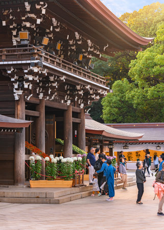 shibuya, japan - november 02 2019: Tourists enjoying the Chrysanthemum flowers in front of the two-storied gate rÅmon named minami-shinmon in the Shinto shrine of Meiji-Jingu at evening.のeditorial素材