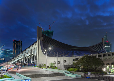 tokyo, japan - november 02 2019: Night view of the Yoyogi National Gymnasium designed by Kenzo Tange...