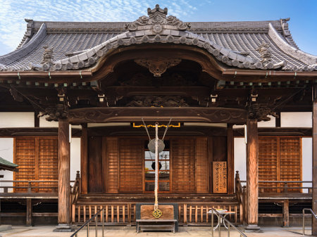 tokyo, japan - november 05 2020: Wooden architecture of the main hall or hondo of the Tamonji temple designated tangible cultural property of Sumida ward and dedicated to Bishamonten or Tamonten.のeditorial素材