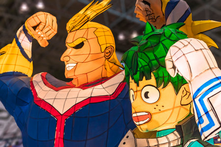 chiba, japan - december 22 2018: Illuminated Nebuta lanterns handmade of painted washi paper and wire frame depicting manga and anime characters of My Hero Academia during the convention Jump Festa 19のeditorial素材
