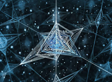 Photography of a kaleidoscope art background depicting dark universe space lightened by a star shaped with triangles made with lasers beams shining and reflecting in multiple mirrors layers.の写真素材