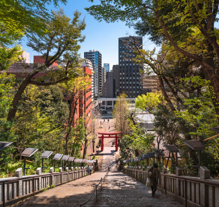 tokyo, japan - april 13 2019: High angle view from the top of the famous stairs of success dedicated to the samurai Magaki Heikurou and leading to the red torii gate of the Shintoist Atago shrine with people climbing the steep steps.のeditorial素材