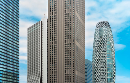 tokyo, japan - may 10 2021: Close up on the facades of nishi-shinjuku skyscrapers like the from left to right the shinjuku mitsui, the sompo japan, the shinjuku center and the tokyo mode gakuen.のeditorial素材