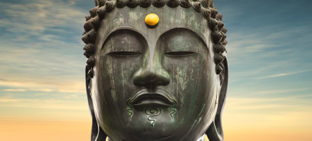 Close up on the meditative face of the Japanese Buddha Shaka Nyorai bronze statue oxidized by green patina with a golden byakugou Urna third eye on a panorama sunset sky.の写真素材