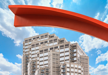 tokyo, japan - april 08 2021: Close up on a curvilinear structure at foot of the modern architecture made with cuboid towers on the Tokyo Metropolitan Government Building of Shinjuku a sunny day.のeditorial素材