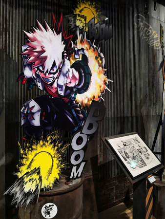tokyo, japan - june 03 2021: Life sized standee of the superhero character Katsuki Bakugo from Japanese manga My Hero Academia during the exhibition in Mori Arts Center Gallery called drawing smash.のeditorial素材
