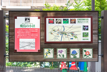 tokyo, japan - june 15 2021: Information panel depicting the flowers blossoming in Asuka-no-komichi...