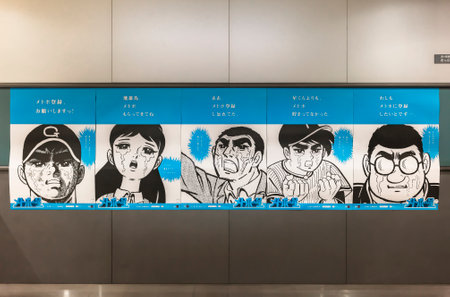 tokyo, japan - august 15 2021: Japanese posters in Nishigahara Station depicting the characters of...