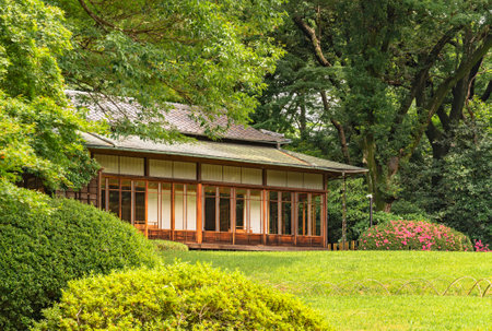 tokyo, japan - june 25 2021: Japanese chashitsu tea room Kakuuntei teahouse used by Meiji emperor for tea ceremony in the Meiji Jingu Inner Garden adorned with azalea Niwaki shrubs.のeditorial素材