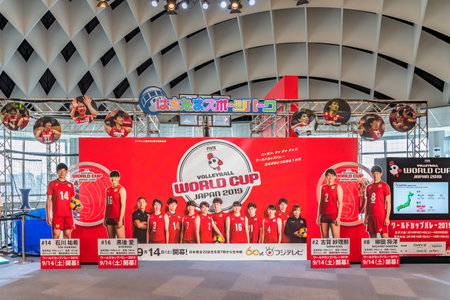 tokyo, japan - july 25 2021: Cardboard standee and panel depicting the Japanese volleyball athletes during the FIVB Volleyball Word Cup Japan 2019 in Hachitama sports park observation room of Odaiba.のeditorial素材