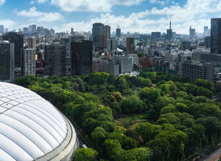 tokyo, japan - May 03 2021: Bird's eye view of the forest of the Koishikawa Korakuen Gardens surrounded by skyscrapers aside the Tokyo Dome stadium called The Big Egg in the district of Kourakuen.のeditorial素材