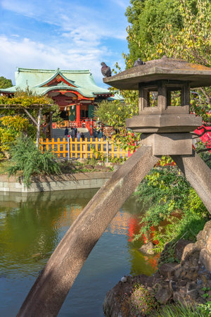 tokyo, japan - october 26 2019: Pigeons on the giant Yukimi stone lantern and turtle below in front of the pond of Kameido Tenjin shintoi shrine dedicated to Sugawara no Michizane god of studies.のeditorial素材