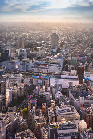tokyo, japan - march 15 2021: Bird's eye view of the skyscrapers surrounding the toshima ward and the Ikebukuro station at sunset, the second-busiest railway station in the world after Shinjuku.のeditorial素材