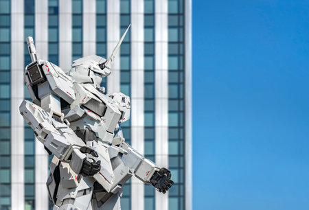 tokyo, japan - october 28 2021: Upper body of the giant life-sized robot statue RX-0 Unicorn Gundam from japanese manga and anime series Mobile Suit Gundam Unicorn at DiverCity Tokyo Plaza in Odaiba.のeditorial素材
