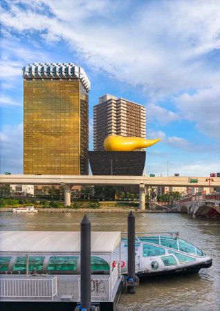 tokyo, japan - october 28 2021: The golden flame sculpture of Asahi Beer Headquarter Building...