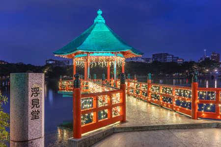 fukuoka, kyushu - december 06 2021: Stone pillar carved with the Japanese name of Ukimi-do Pavilion illuminated at night with twinkle garlands on the outer moat of Fukuoka Castle renamed Ohori Park.のeditorial素材